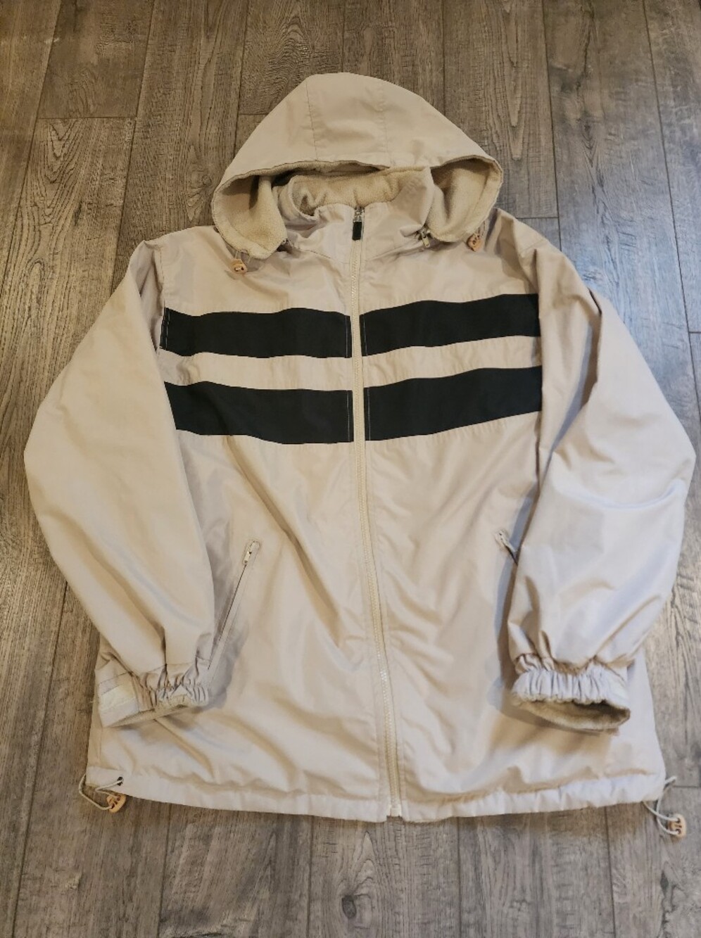 Oscar Sports USA Men Jacket Sz L Reversible Full-Zip Beige Black Strip Outerwear